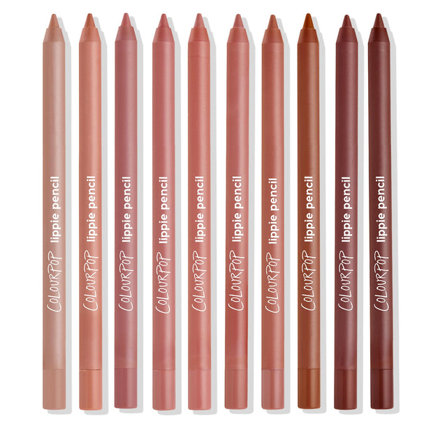 ColourPop Truth or Bare Lippie Pencil kit standing upright in a neat row, ten lip liner pencils in nude, pink, mauve, terracotta, and brown tones on a white background, with ColourPop “lippie pencil” branding visible.