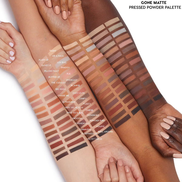 ColourPop Gone Matte shadow palette swatches spread across three arms, showing pressed powder matte neutrals from ivory, taupe, rose, and terracotta to deep espresso and black, with shade names labeled on a clean white background.