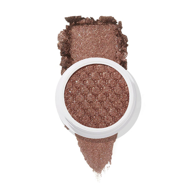 ColourPop Super Shock Shadow Abbot Kinney in a white pot, honeycomb-textured metallic taupe bronze, shown crushed and swatched above and below the container on a white background.