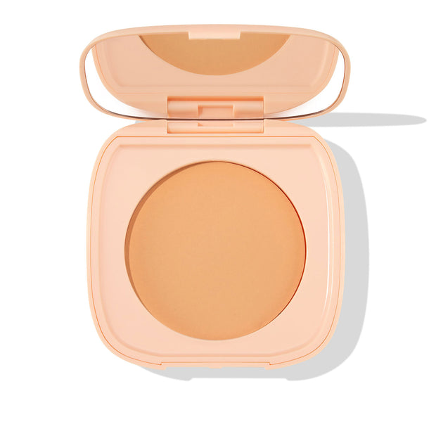 ColourPop Pretty Fresh Face Powder in Light 8 sits open, showing a round pressed pan inside a peach compact with built-in mirror, photographed on a white background for clear product detail.