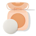 ColourPop Pretty Fresh Face Powder in Medium 10 shown open, warm medium pressed powder in a peach compact with built-in mirror, accompanied by a round white applicator puff on a clean white background.