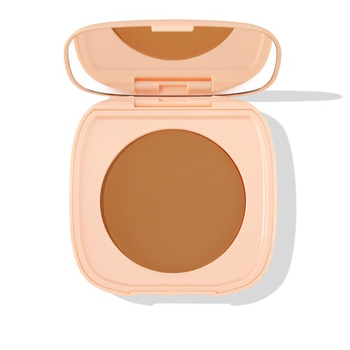ColourPop Pretty Fresh Face Powder in Dark 18, a medium-deep matte pressed powder, sits open in a peach square compact with built-in mirror, showing the round pan on a clean white background.
