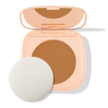 Open peach compact displays ColourPop Pretty Fresh Face Powder in Dark 18, a pressed powder pan with built-in mirror and round applicator sponge on a white background.