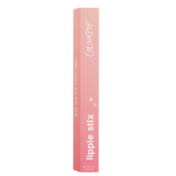 ColourPop Lippie Stix Jam Sesh stands upright in a pink gradient box, displaying COLOURPOP branding, star accents, and “lippie stix” text, with net wt 1.0 g (0.035 oz), set against a clean white background.