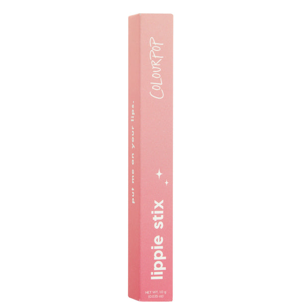 ColourPop Lippie Stix Jam Sesh stands upright in a pink gradient box, displaying COLOURPOP branding, star accents, and “lippie stix” text, with net wt 1.0 g (0.035 oz), set against a clean white background.