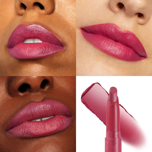 ColourPop Lippie Stix Songbird delivering creamy rosy-berry color - shown applied on two models’ lips and swatched beside the twist-up bullet - close-up collage on white background highlighting satin finish and full-coverage pigment.
