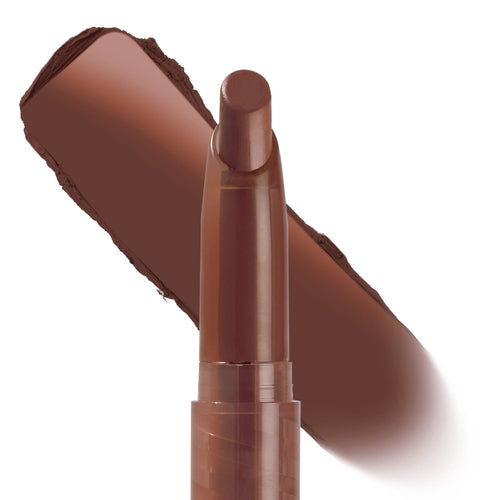 Thousand Percent ColourPop Lippie Stix stands uncapped with its twist-up rounded bullet exposed, a deep chocolate-brown swatch sweeping behind on a white background, showcasing the rich, creamy pigment in this slim lipstick.