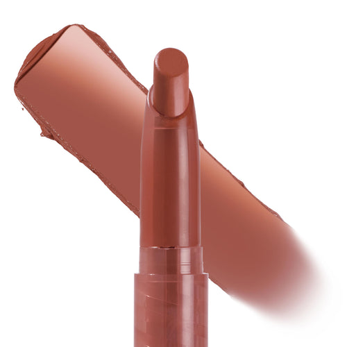 ColourPop Lippie Stix Brat Pack shown uncapped, a warm terracotta nude bullet standing upright with a wide matching swipe behind on a white background, highlighting its creamy satin finish for everyday wear.