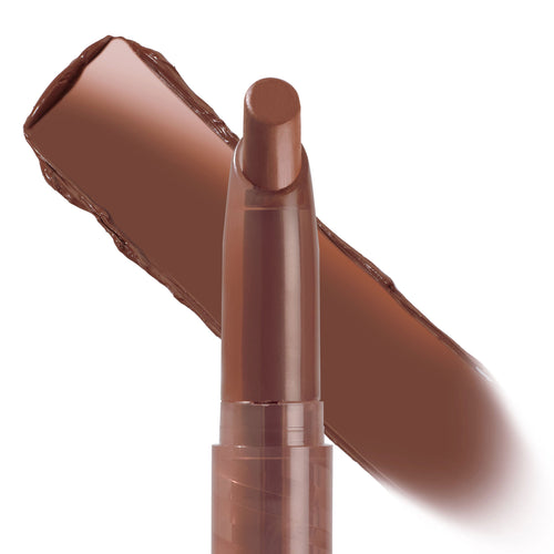 Grunge ColourPop Lippie Stix shown uncapped, a slim twist-up lip crayon in deep cocoa brown, with a smooth opaque swatch behind the bullet on a white background, highlighting its creamy payoff and richly pigmented shade.