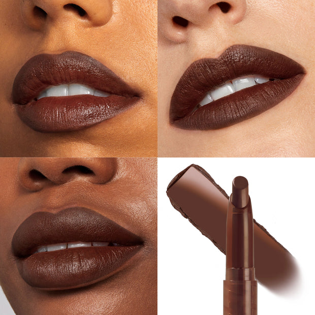 ColourPop Lippie Stix Pitch coats lips in a rich deep chocolate brown; three close-up lip swatches across different skin tones show creamy, full-coverage color, alongside the lipstick bullet and a smeared swatch for payoff reference.