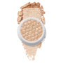 Flower Child ColourPop Super Shock Shadow swatched - soft champagne-gold shimmer eyeshadow in a white pot with quilted texture, crushed pigment smeared above and below on a white background to show its metallic cream-to-powder payoff.