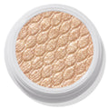 ColourPop Super Shock Shadow Flower Child displaying a shimmery champagne-gold eyeshadow pan with a quilted sparkle texture, set in a white round pot on a light backdrop.