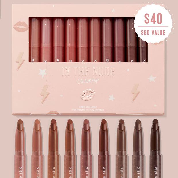 ColourPop Lippie Stix In the Nude vault presenting 10 slim bullet nude lipsticks, shades from rosy pink to deep brown, lined in a blush-pink box embossed IN THE NUDE with stars and lightning, marked $40 ($80 value).