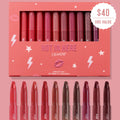 ColourPop Lippie Stix Hot in Here vault displaying a 10-piece set of lip crayons, gradiented from soft pinks to deep berries and browns, in a coral box with stars and lightning; uncapped shades lined below and $40 value badge on a pink backdrop.