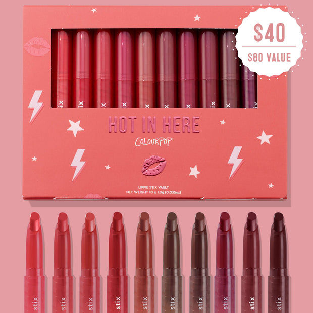 ColourPop Lippie Stix Hot in Here vault displaying a 10-piece set of lip crayons, gradiented from soft pinks to deep berries and browns, in a coral box with stars and lightning; uncapped shades lined below and $40 value badge on a pink backdrop.