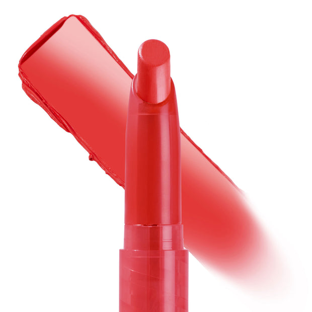 ColourPop Lippie Stix Hot in Here displaying a slim twist-up bullet in vibrant warm red, with a thick matching swatch streaked diagonally behind on a white backdrop, highlighting the creamy satin finish.
