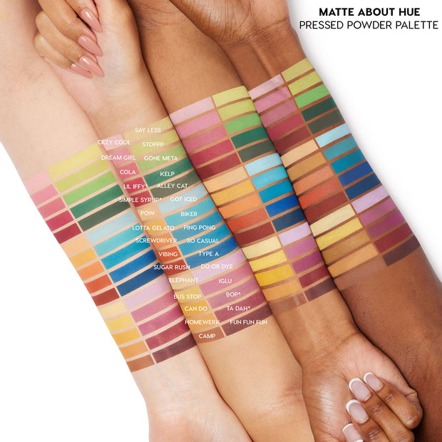 Matte About Hue shadow palette shades swatched on three skin tones, showing rows of matte pressed powders - greens, pinks, oranges, blues, purples, and neutrals with shade names overlaid; ColourPop Shadow Palette for bold eye looks.