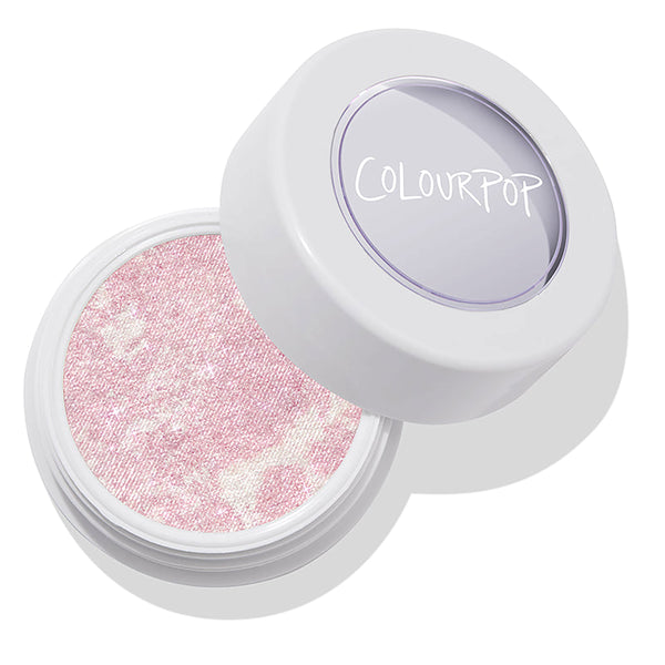 ColourPop Super Shock Highlighter Candy Floss opens to reveal a shimmery pale pink, marbled pink-and-ivory pan in a white round pot with clear logo lid, showing its cream-to-powder glow finish on a clean white studio background.