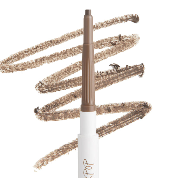 ColourPop Dope Taupe Pencil brow pencil depositing soft taupe pigment with a twist-up tip, shown with zigzag swatches on a white background for precise, natural eyebrow definition.
