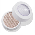 ColourPop I Heart This Super Shock Shadow shown open, revealing a metallic champagne-taupe eyeshadow with a bouncy, quilted texture in a white pot with clear lid and logo, set on a clean white background.