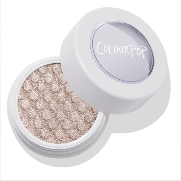 ColourPop I Heart This Super Shock Shadow shown open, revealing a metallic champagne-taupe eyeshadow with a bouncy, quilted texture in a white pot with clear lid and logo, set on a clean white background.