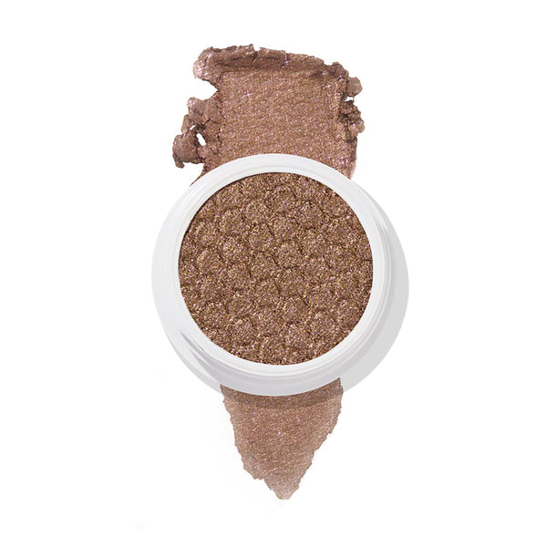 ColourPop So Quiche Super Shock Shadow pot shows a shimmery taupe-bronze eyeshadow, swatched above and below the white jar on a white background, emphasizing the sparkly finish and textured pan.