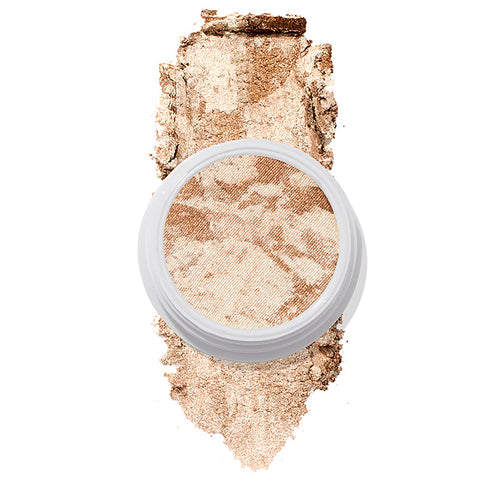 ColourPop Churro Super Shock Highlighter sits in a round white pot, its marbled champagne and bronze shimmer swatched beneath in a wide crushed streak on a clean white background.