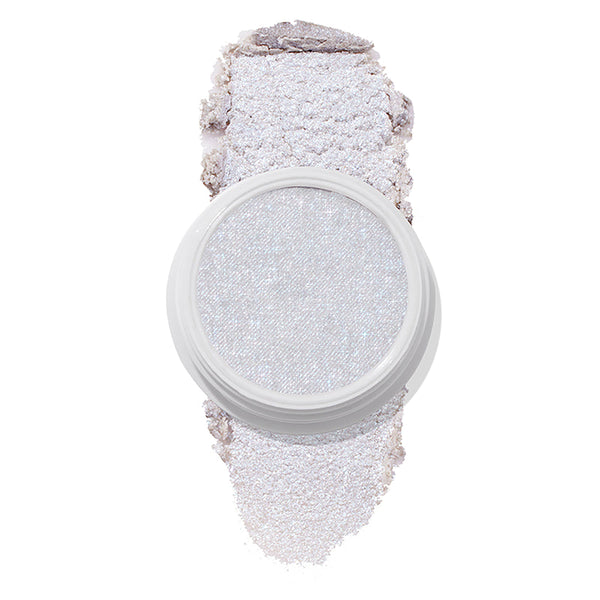 ColourPop Honeymoon Super Shock Highlighter in a white round pot, showing a pale icy-lilac, opalescent shimmer with iridescent sparkle, and a soft crushed swatch smeared above and below the pan on a white background.