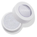 ColourPop Honeymoon Super Shock Highlighter, an icy silver-white shade with blue-lilac shimmer, rests in a round white pot with a clear tilted lid, revealing the bouncy cream formula under studio lighting on a clean white background.