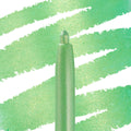 Shimmery mint-green Aglow ColourPop Crème Gel Liner, the retractable pencil tip centered and ready to apply, with diagonal metallic green swatches behind showcasing the creamy, pearlescent finish.