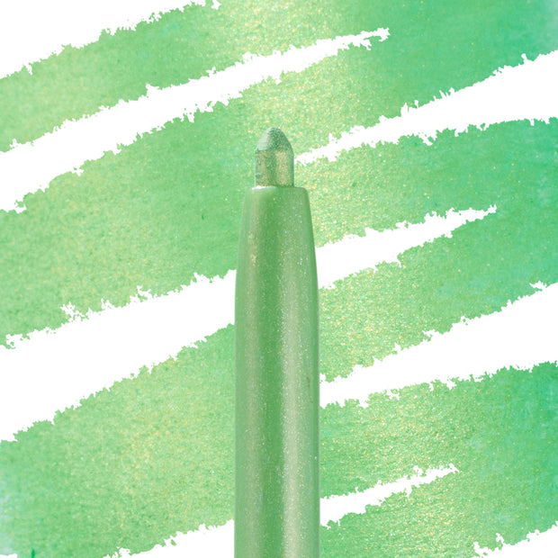 Shimmery mint-green Aglow ColourPop Crème Gel Liner, the retractable pencil tip centered and ready to apply, with diagonal metallic green swatches behind showcasing the creamy, pearlescent finish.