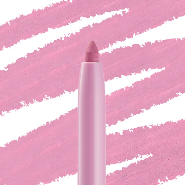 ColourPop Crème Gel Liner in Amethyst Hour stands upright, its rounded tip exposed in a pastel pink barrel, set against bold diagonal swatches of the soft amethyst‑lilac shade.
