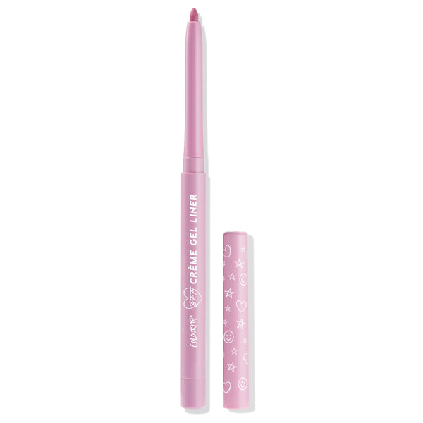 Amethyst Hour ColourPop Crème Gel Liner twists up to reveal a mauve tip, shown uncapped beside its pastel pink barrel with white doodles and branding on a clean white background.