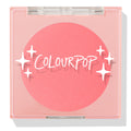 Big Reveal compact showcasing a coral-pink ColourPop Pressed Powder Blush, closed in a translucent pink square case with a clear lid, white sparkle graphics, and ColourPop logo, set on a clean studio background with a soft shadow.