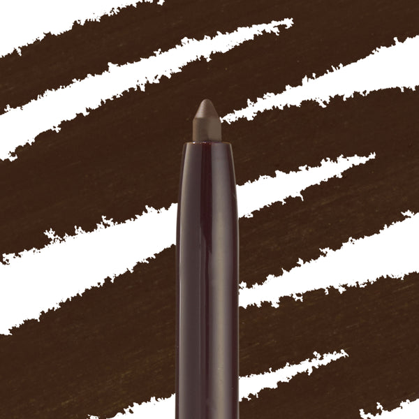 ColourPop Crème Gel Liner in Brew Haha, a deep coffee-brown shade, shown with a twist-up tip in close-up against bold brown swatch strokes on white, highlighting the creamy gel tip and precise pencil format.
