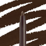 ColourPop Crème Gel Liner in Brew Haha, a deep coffee-brown shade, shown with a twist-up tip in close-up against bold brown swatch strokes on white, highlighting the creamy gel tip and precise pencil format.