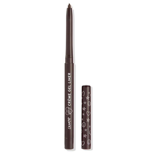 ColourPop Crème Gel Liner in Brew Haha shown uncapped, retractable tip extended in a rich brown shade, with the doodle-printed cap set beside it, sleek dark tube labeled Crème Gel Liner against a clean white background.