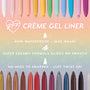 Get Lucid crème gel liner pencil showcasing ColourPop Crème Gel Liner benefits - waterproof 18-hour wear, super creamy glide, and twist-up design - surrounded by a rainbow lineup of shades on a pastel gradient backdrop with stars and smiles.