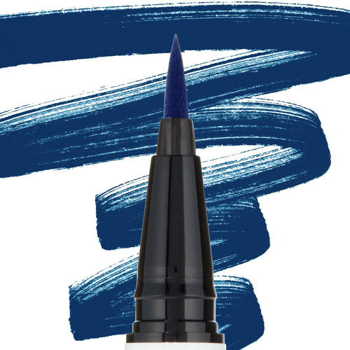 Felt-tip applicator depositing bold navy pigment, ColourPop BFF Liquid Liner in Crzy shown in macro close-up on white, with sweeping cobalt-blue swatches behind highlighting the precise black pen tip and color payoff.