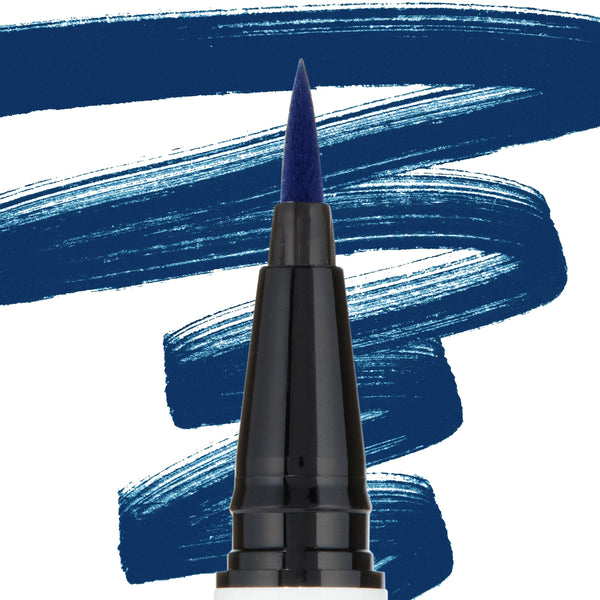 Felt-tip applicator depositing bold navy pigment, ColourPop BFF Liquid Liner in Crzy shown in macro close-up on white, with sweeping cobalt-blue swatches behind highlighting the precise black pen tip and color payoff.