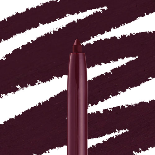 ColourPop Crème Gel Liner in Charmer shows a retractable, creamy tip in deep burgundy with a glossy plum barrel, gliding against bold wine swatches to showcase rich, long-wear eyeliner color and precise application.