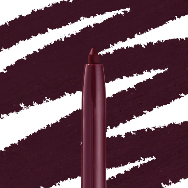 ColourPop Crème Gel Liner in Charmer shows a retractable, creamy tip in deep burgundy with a glossy plum barrel, gliding against bold wine swatches to showcase rich, long-wear eyeliner color and precise application.