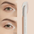 ColourPop Shadow Stix in Cold Girl highlighting eyelids - creamy twist-up stick swipes a frosty pearl shimmer across the lid and inner corner, shown on an eye with a side swatch and the white pen-style Shadow Stix packaging.