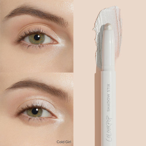 ColourPop Shadow Stix in Cold Girl highlighting eyelids - creamy twist-up stick swipes a frosty pearl shimmer across the lid and inner corner, shown on an eye with a side swatch and the white pen-style Shadow Stix packaging.