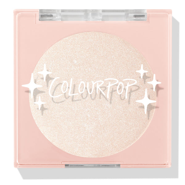 Cold One highlighter compact showcasing a shimmering icy pearl pan behind a clear lid with white sparkle icons and ColourPop logo, closed in a blush‑pink square case on a white background; ColourPop Pressed Powder Highlighter.