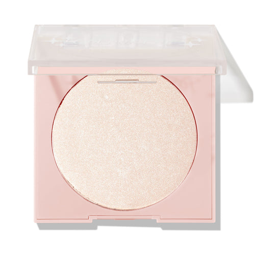 Cold One ColourPop Pressed Powder Highlighter in a soft pink square compact with a clear lid half open, displaying a large single pan of icy champagne shimmer on a clean white studio background.
