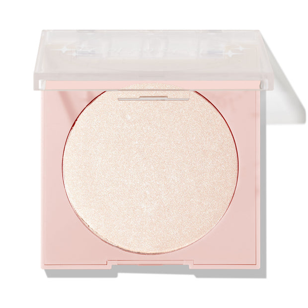 Cold One ColourPop Pressed Powder Highlighter in a soft pink square compact with a clear lid half open, displaying a large single pan of icy champagne shimmer on a clean white studio background.