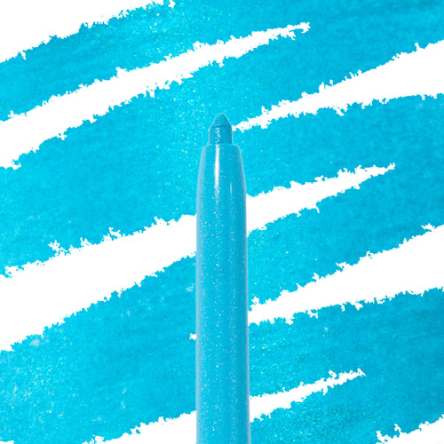 Crystal Crush crème gel eyeliner pencil tip delivering vibrant turquoise-blue shimmer, shown with bold diagonal swatches; ColourPop Crème Gel Liner in Crystal Crush highlighting smooth, creamy pigment and precise application.
