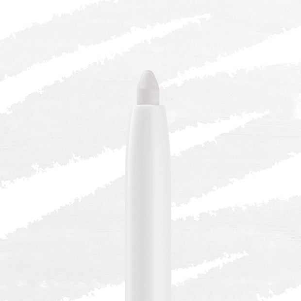 White twist-up eyeliner tip extends from a sleek white barrel, ColourPop Crème Gel Liner in Exit shade, shown close-up against a light streaked background.