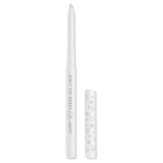 ColourPop Crème Gel Liner in Exit, a retractable white eyeliner pencil, stands open with the twist-up tip exposed while the doodled cap with grey hearts, stars, and smiley faces rests beside it on a clean white background.